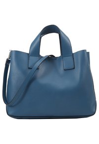 Modrá kožená kabelka s dvěma krátkými uchy a odnímatelným ramenním popruhem. Má texturovaný povrch a strukturovaný tvar.