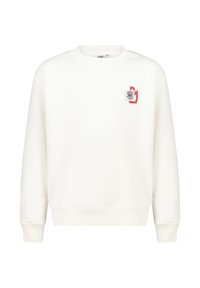 Valkoinen pyöreäkauluksinen collegepaita, joka on valmistettu pehmeästä kankaasta ja jossa on pieni monivärinen logo edessä sekä ribbed-hihansuut.