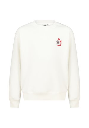 Witte crewneck sweatshirts gemaakt van zachte stof, met een klein meerkleurig logo op de voorkant en geribde boorden.