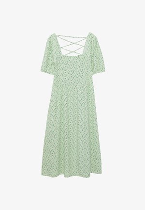 Hellgrünes florales Midikleid mit Puffärmeln und überkreuzten Trägern am eckigen Ausschnitt.