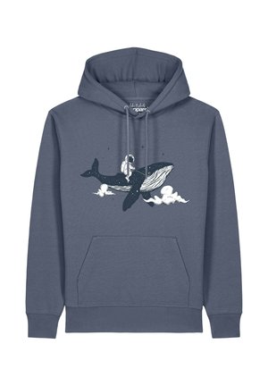 Dark blue hoodie with front pocket featuring a white astronaut sitting on a flying whale surrounded by clouds and stars.