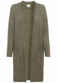 Lang olivengrøn cardigan lavet af blødt strikstof med ribstrikkede detaljer og to forlommer, der har en åben frontdesign og brede ærmer.