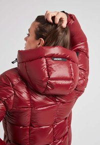 Giacca a vento rossa con finitura lucida, dotata di un colletto alto e un'etichetta sulla parte posteriore. Il design include sezioni trapuntate per l'isolamento.