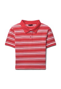 Polo rosso con righe orizzontali bianche, maniche corte e colletto, caratterizzato da tre bottoni al collo.