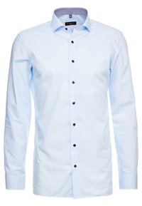Světle modrá košile s dlouhým rukávem vyrobená z bavlny, s límcem na knoflíky, má tmavé knoflíky a kostkovaný vzor uvnitř límce.