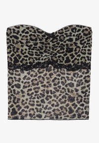 Leopard print strapless top with ruched detailing, lace trim at the hem, and soft, lightweight fabric in shades of gray and black.