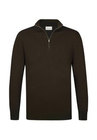 Suéter marrón oscuro con cuello de cremallera hasta el pecho y mangas largas. Hecho de material suave, con un dobladillo y puños acanalados.