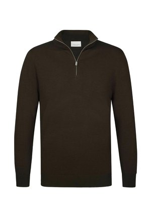 Donkerbruine trui met een kraag met een kwartritssluiting en lange mouwen. Gemaakt van zacht materiaal, met een geribde zoom en manchetten.