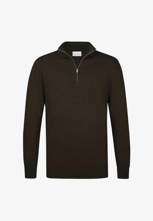 Suéter marrón oscuro con cuello de cremallera hasta el pecho y mangas largas. Hecho de material suave, con un dobladillo y puños acanalados.