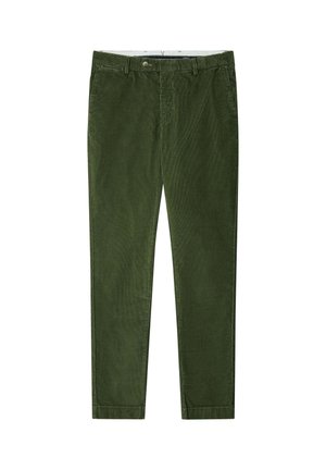 Pantalons en velours côtelé vert à coupe slim, dotés d'une fermeture à bouton à l'avant, de passants de ceinture et de deux poches latérales, affichant une texture à côtes verticales.