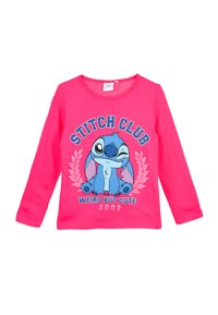 Langärmeliges rosa Baumwoll-T-Shirt mit einem Graphic von Stitch aus Disney, mit "STITCH CLUB WEIRD BUT CUTE 2002" darunter aufgedruckt.