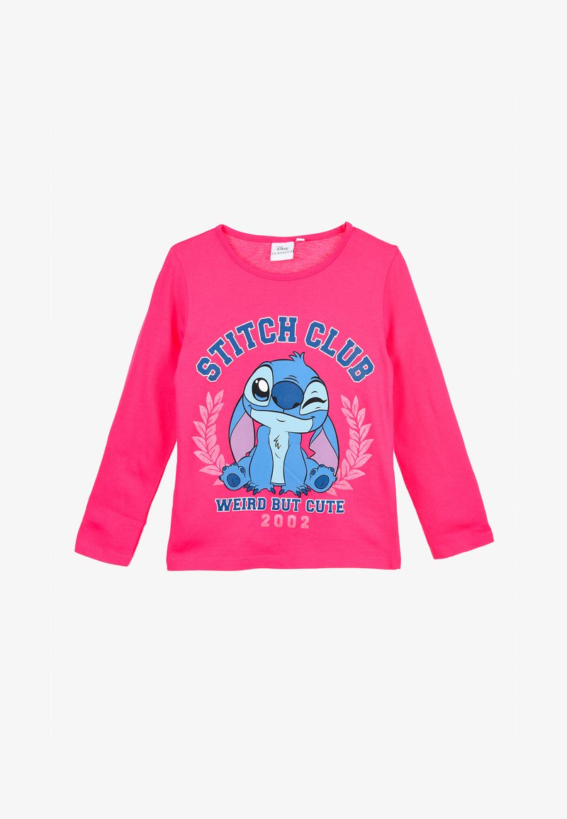 Langärmeliges rosa Baumwoll-T-Shirt mit einem Graphic von Stitch aus Disney, mit "STITCH CLUB WEIRD BUT CUTE 2002" darunter aufgedruckt.