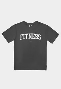 Black t-shirt made of cotton, short sleeves, crew neck, featuring "FITNESS" printed in large white letters across the front.