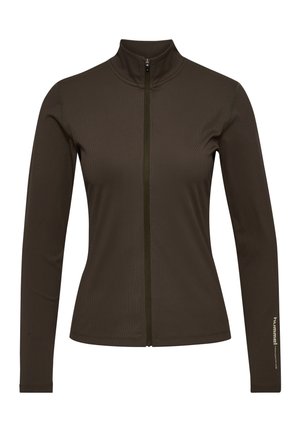 Mørkegrøn fuld-zip jakke med lange ærmer og høj krave. Har et tekstureret stof og brandlogo på højre ærme.