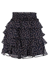 Marineblauwe, gelaagde ruches rok gemaakt van lichtgewicht stof, met een bloemenpatroon met kleine roze en witte stippen. Elastische tailleband.