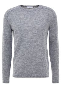 Grauer Wollpullover mit rundem Ausschnitt, langen Ärmeln und gerippten Bündchen. Weiche Textur und subtile Ton-in-Ton-Variationen im gesamten Stoff.