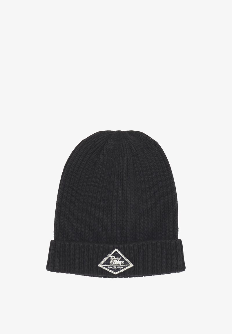 Berretto di maglia nero con una texture a coste, caratterizzato da un risvolto e un'etichetta a forma di diamante bianca sul davanti.