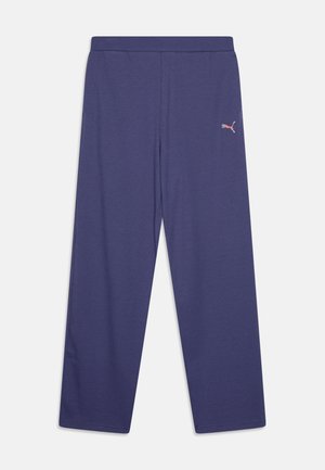 Pantaloni della tuta viola con cintura elastica, design a gamba dritta e piccolo logo a contrasto sul lato sinistro. Texture morbida e a coste.