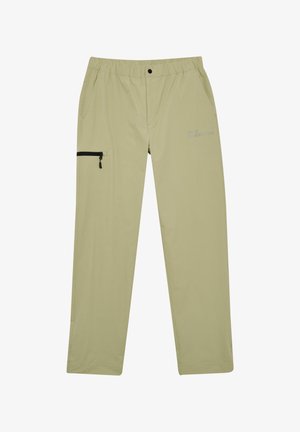 Lyse olivengrønne bukser lavet af letvægtsstof, med elastisk talje, lynlåslomme i siden og diskret branding foran.