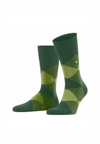Calzini verdi con un motivo geometrico di forme sovrapposte in diverse tonalità di verde, con un piccolo logo sul lato.