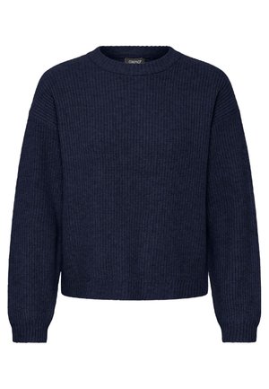 Maglione a maglia blu navy con scollatura rotonda, polsini e orlo a coste. Tessuto testurizzato con una vestibilità ampia e corta.