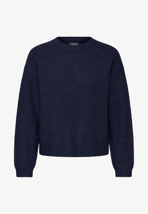 Navyblauer Strickpullover mit Rundhalsausschnitt, gerippten Bündchen und Saum. Strukturierter Stoff mit lockerer, cropped Passform.