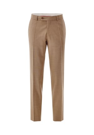 Beige tailored trousers with front pleats, side pockets, buttoned waistband, and slim straight legs, displayed against a white background.