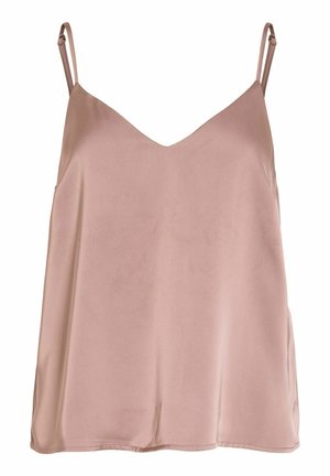 Sleeveless satin camisole top in soft mauve with adjustable thin shoulder straps and a V-neckline.