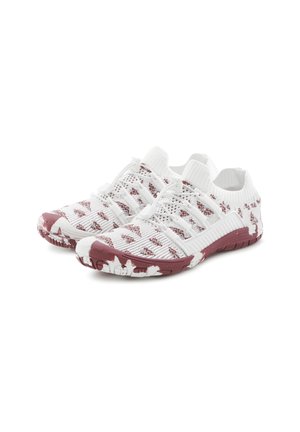 White athletic shoes with maroon accents, featuring a knitted upper, elastic lace system, and textured rubber sole.
