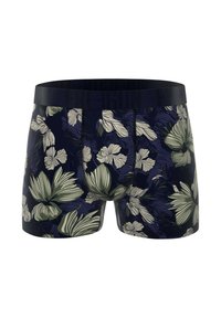 Boxers pour hommes en bleu marine avec un motif floral vert. Fabriqués en matière extensible, ils disposent d'une ceinture noire avec un logo.