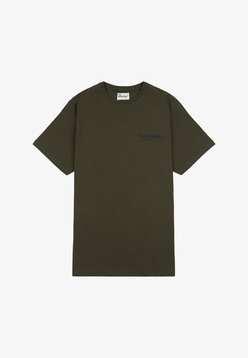 Maglietta in cotone verde oliva con vestibilità comoda, maniche corte e scollo rotondo. Presenta un piccolo logo del brand discreto in blu scuro.