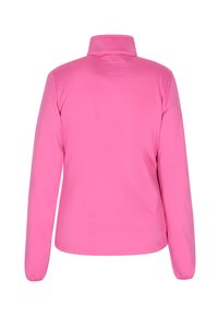 Giacca a maniche lunghe con colletto alto di colore rosa brillante, realizzata in tessuto liscio. Presenta un design semplice senza hardware o motivi visibili.