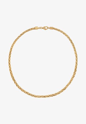 Goldkette mit kunstvollen Gliedern, die eine glatte, glänzende Oberfläche aufweist. Enthält einen Verschluss für eine sichere Befestigung.