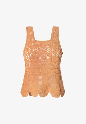 Top de encaje en naranja claro con escote cuadrado, diseño sin mangas y patrones intrincados, con dobladillo con puntilla y detalles texturizados.