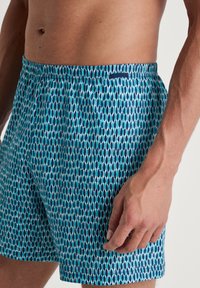 Blauwe zwemshorts met patroon, gemaakt van lichtgewicht stof, met een elastische tailleband en een gestructureerd ovaal patroon in verschillende tinten blauw.