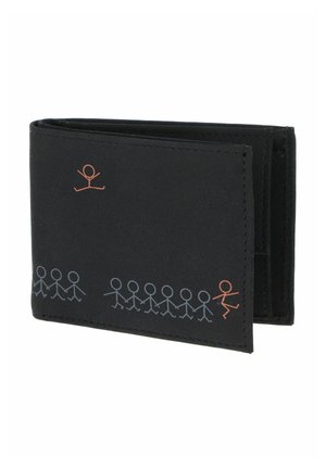 Portefeuille noir bifold avec plusieurs petites figures en bâton imprimées le long du bas et deux en orange sur les bords supérieur gauche et droit.