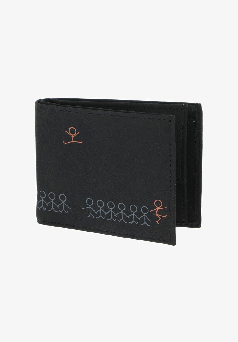 Portefeuille noir bifold avec plusieurs petites figures en bâton imprimées le long du bas et deux en orange sur les bords supérieur gauche et droit.