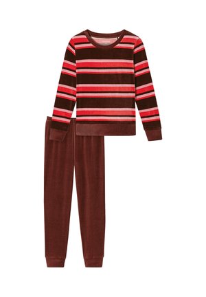 Ensemble de pyjama en velours doux avec un haut à manches longues arborant des rayures horizontales rouges et roses et un bas unicolore rouge foncé avec des poignets élastiques.