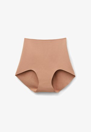 Beige high-waisted brief with smooth texture and a seamless design. Features wide sides and an elastic waistband for comfort.