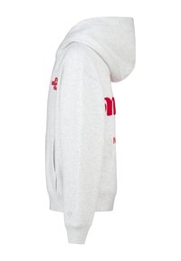 Light gray hoodie with a kangaroo pocket, red embroidered text, and a drawstring hood. Ribbed cuffs and hem. Soft texture.