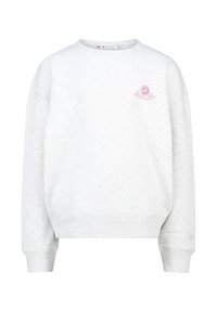 Harmaa huppari, joka on valmistettu pehmeästä kankaasta. Siinä on pyöreä pääntie, pitkät hihat ja pieni vaaleanpunainen logo vasemmassa rinnassa. Klassinen malli.