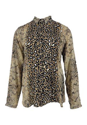 Chemise boutonnée marron et beige présentant un imprimé léopard d'un côté et un motif de peau de serpent de l'autre ; tissu texturé avec un col.
