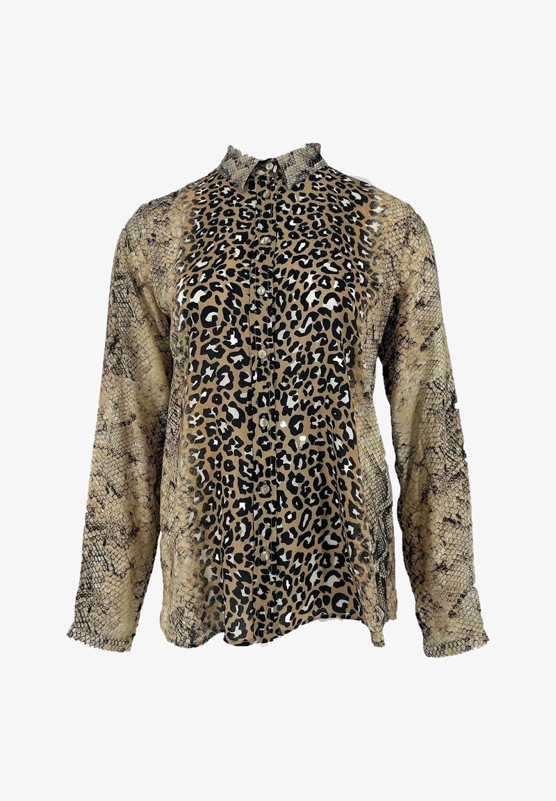 Leopard and snake print blouse, featuring a collared neck, button closure, long sleeves, and textured fabric in neutral tones.