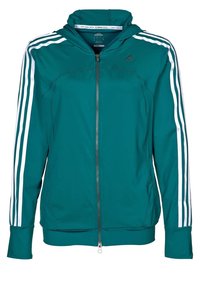 Tyrkysová zipová mikina s kapucí vyrobená z hladké tkaniny, s třemi bílými pruhy po každém rukávu a přiléhajícím pasem.