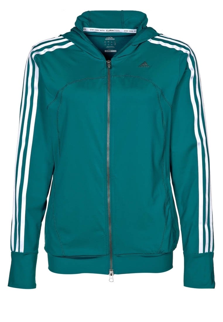 Tyrkysová zipová mikina s kapucí vyrobená z hladké tkaniny, s třemi bílými pruhy po každém rukávu a přiléhajícím pasem.