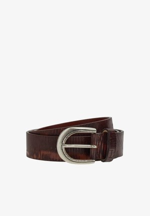 Brown leather belt with a textured surface, featuring a silver metal buckle in a classic, rounded shape and a notch for adjustment.