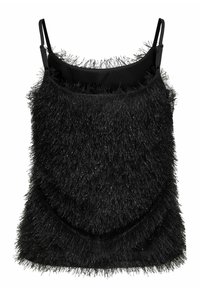 Débardeur noir avec un design à franges texturées. Bretelles fines, fabriqué en matière douce, avec une doublure intérieure lisse. Accents de scintillement sur l'ensemble.