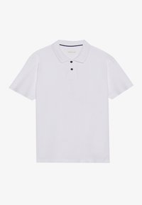 Biała koszula polo z klasycznym kołnierzykiem, zapięciem na trzy guziki i czarnymi guzikami. Krótkie rękawy, gładka faktura, minimalny design.