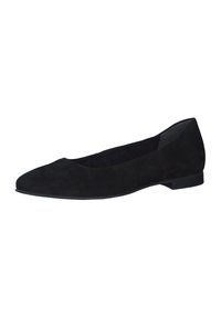Ballerines en daim noir avec un bout rond, un talon bas et une finition lisse. Design minimaliste sans motifs ni embellissements visibles.
