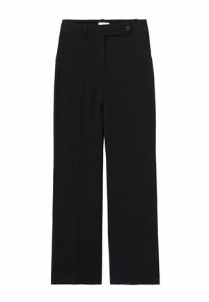 Pantalons noirs à jambes larges en matière lisse, avec une fermeture à bouton sur le devant, des passants de ceinture et un devant plat sans motifs ni accents.